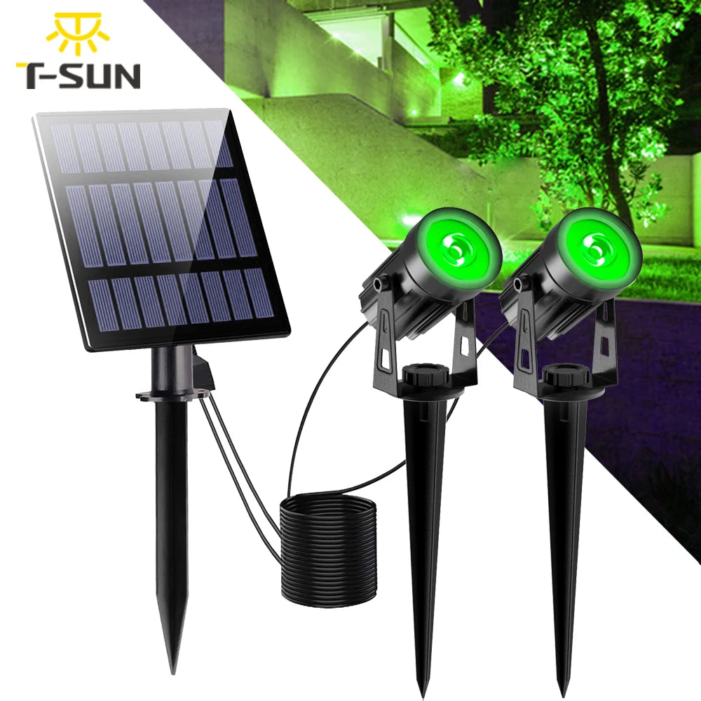 T-SUN LED-Solarleuchte – grüne Strahler für den Garten, IP65, 2W, Solarpanel mit 2,88 m Kabel, Landschaftsbeleuchtung für Außenbereiche