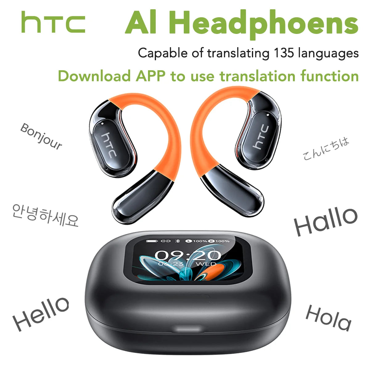 Écouteurs Bluetooth HTC NE27, traducteur IA, casque de sport OWS, écran LCD, casque sans fil, crochet d'oreille lumineux, longue durée de vie