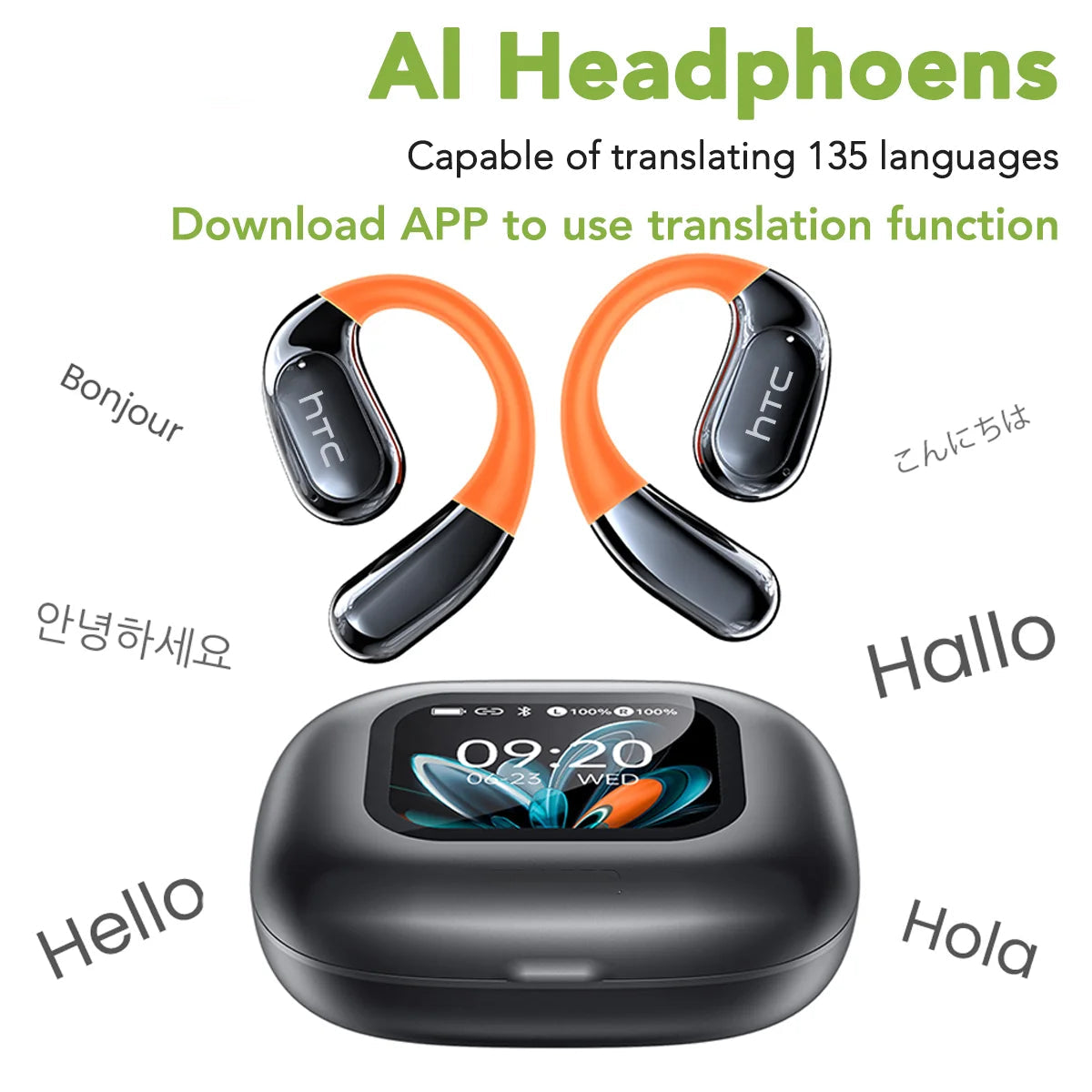 Écouteurs Bluetooth HTC NE27, traducteur IA, casque de sport OWS, écran LCD, casque sans fil, crochet d'oreille lumineux, longue durée de vie