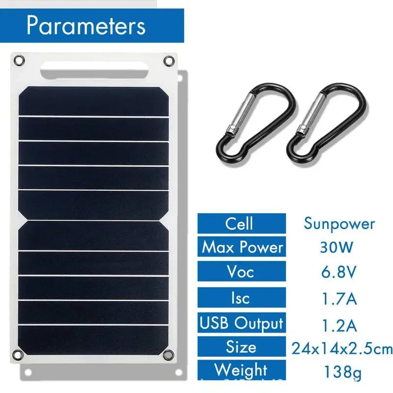 Panneau solaire 30 W avec USB, étanche, pour randonnée en plein air et camping, batterie portable, chargeur de téléphone portable, panneau de charge 6,8 V