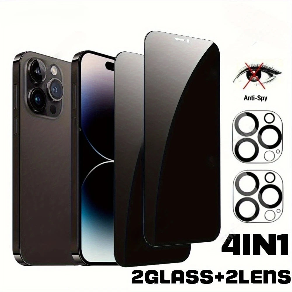 Protecteur d’écran 4-en-1 en verre trempé de confidentialité pour iPhone – Écran + objectifs caméra