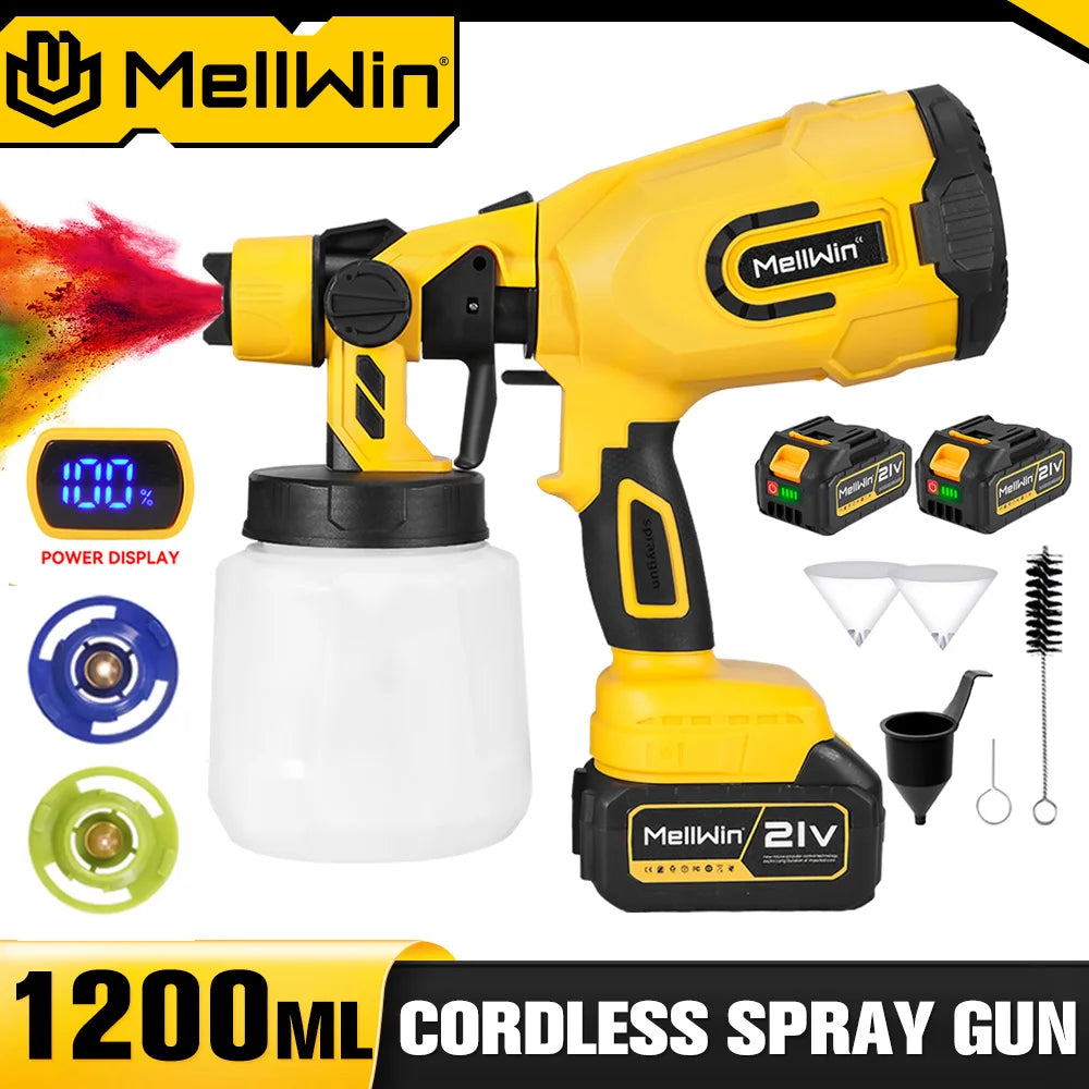 Pulvérisateur de peinture électrique sans fil MELLWIN 1200 ml – pistolet HVLP pour peinture domestique et pulvérisation de pesticides, compatible batterie Makita 18 V / 21 V