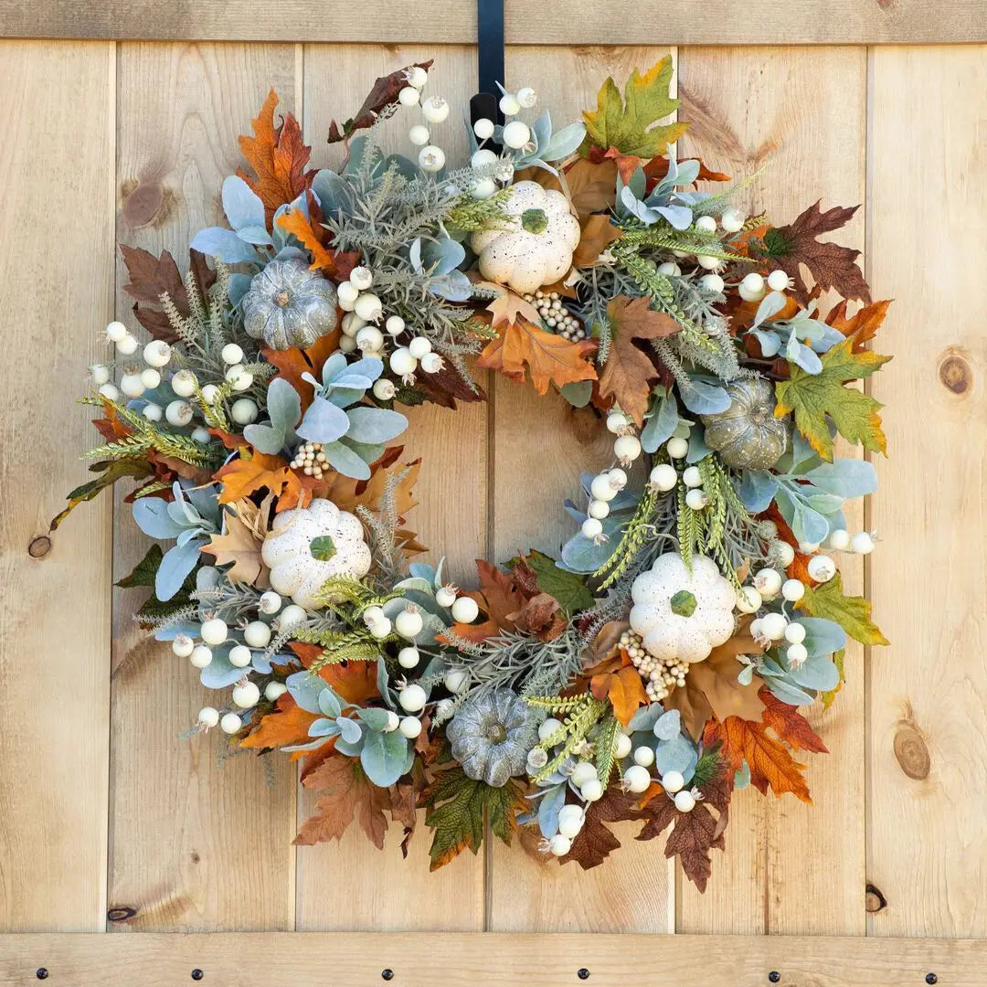 Couronne de fleurs blanche pour la décoration de Thanksgiving, couronne d'érable, porte d'entrée, mur intérieur et extérieur, décor à la maison, automne