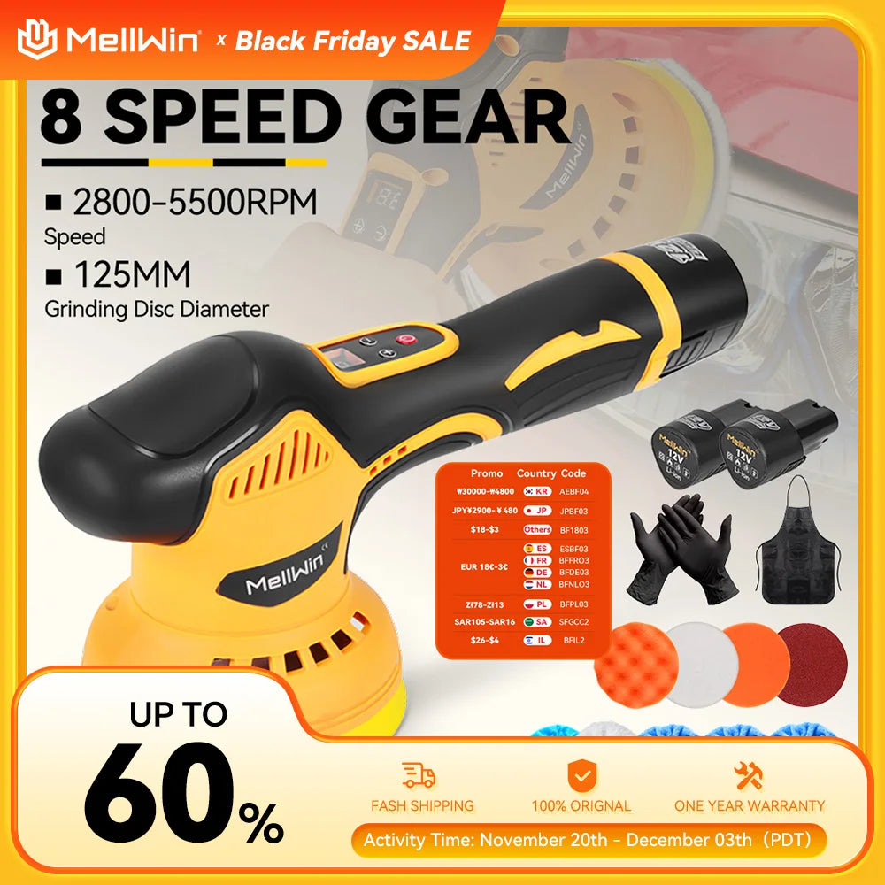 Polisseuse de voiture électrique sans fil MELLWIN 125 mm – 8 vitesses avec affichage numérique pour batterie 12 V
