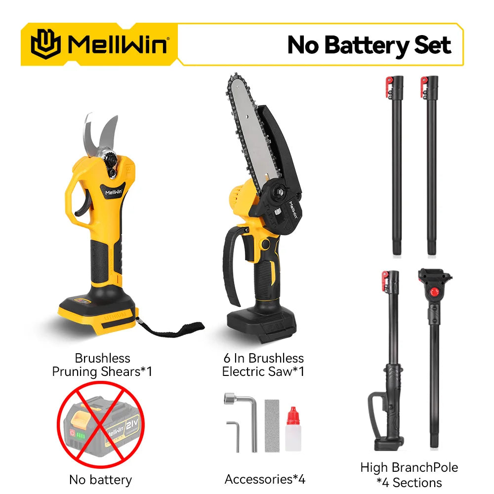 Poteau télescopique et ciseaux de tronçonneuse électrique MELLWIN – Outil de taille de jardin 18–21V avec broche Makita