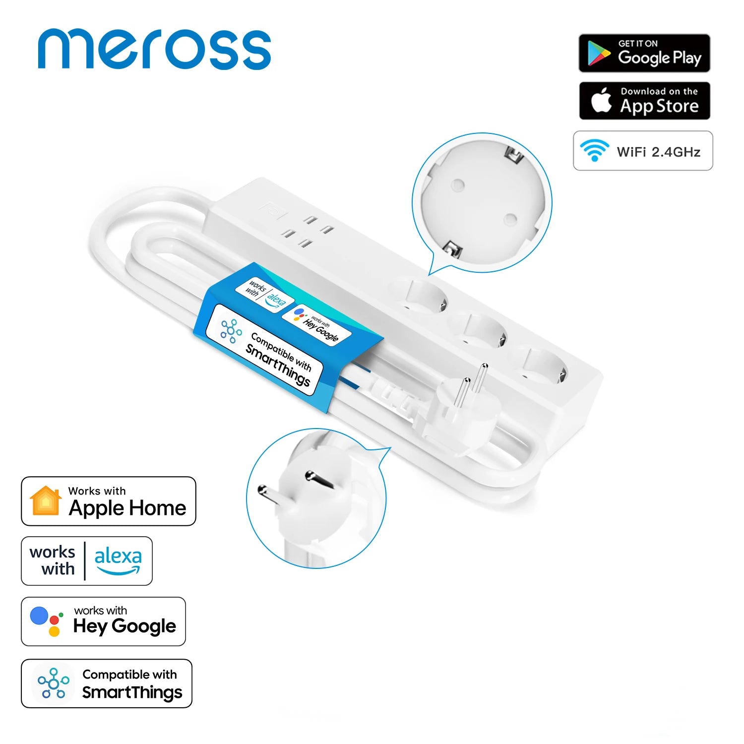 Power Strip, Meross Homekit Wi-Fi Smart Plug EU Plug with 4 USB Ports 3 Outlets, Power Socket Multiple Socket Compatible with Alexa
