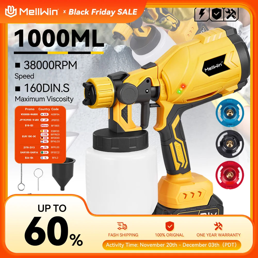 Pistolet de pulvérisation de peinture électrique 1000ML MELLWIN – Sans fil Portable HVLP pour meubles et voiture, compatible broche Makita 18V