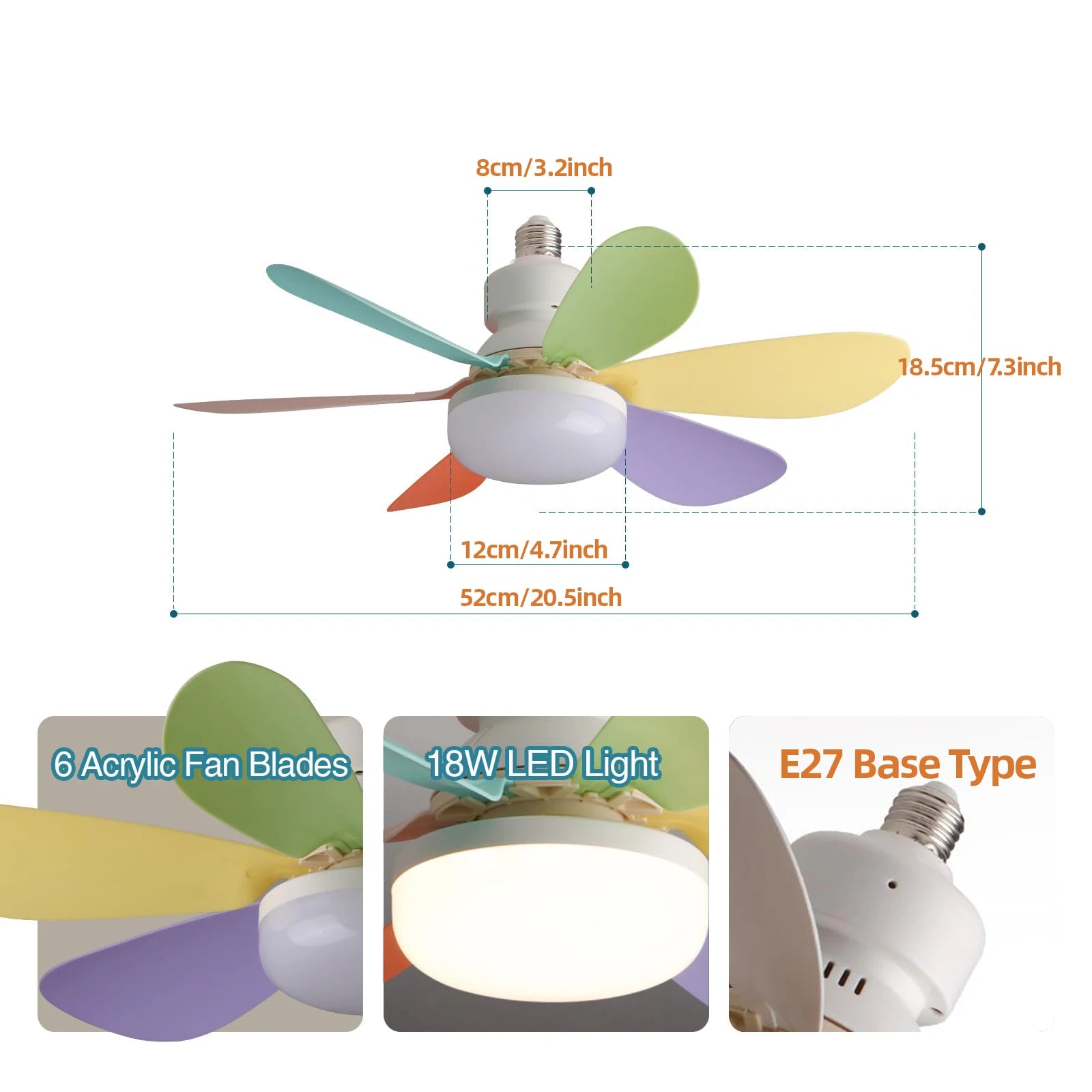 Ventilateur de plafond LED 40W avec douille E27, 21,5 pouces (55 cm), avec lumière et télécommande