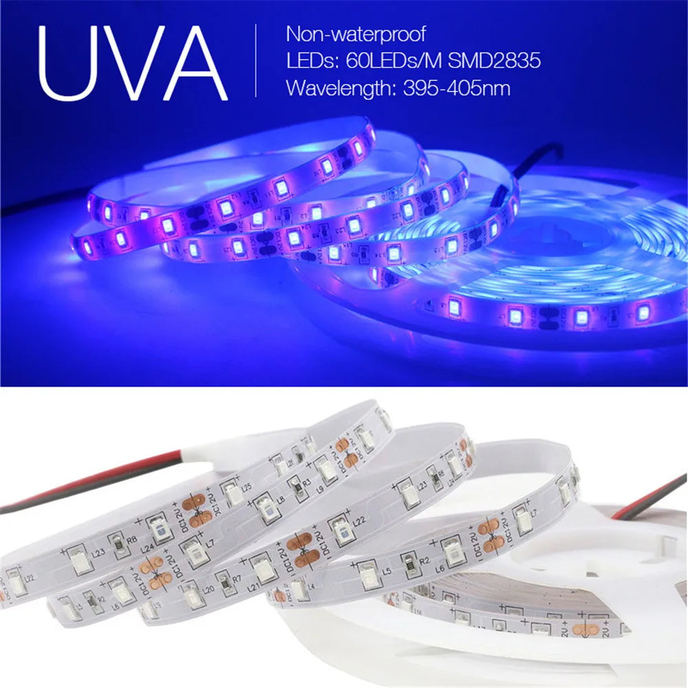 Bande LED UV 5V 395-405nm – 0,5M à 5M, 60LED/m SMD2835, lumière violette fluorescente USB avec interrupteur