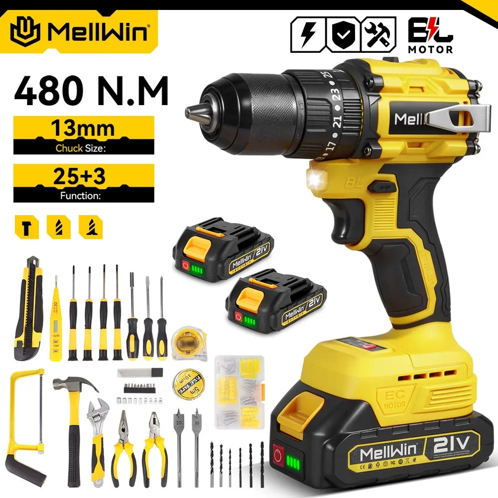 Perceuse à Percussion Électrique MELLWIN – Sans Balais 480 N·m, Tournevis 3 en 1, Ensemble d’Outils pour Makita 18V, Broche de Batterie