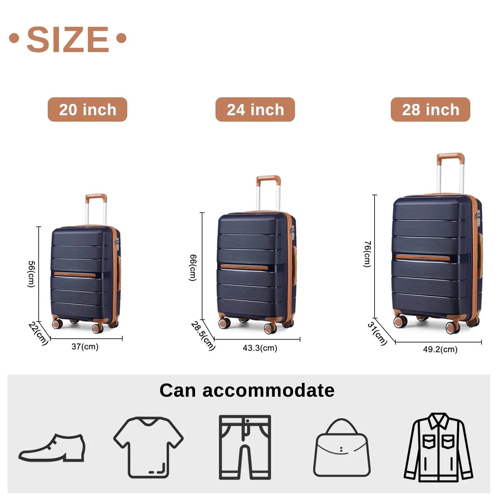 Ensemble de valises rigides 3 pièces 100 % PP British Traveller – 8 roues spinner, serrure TSA, bleu foncé