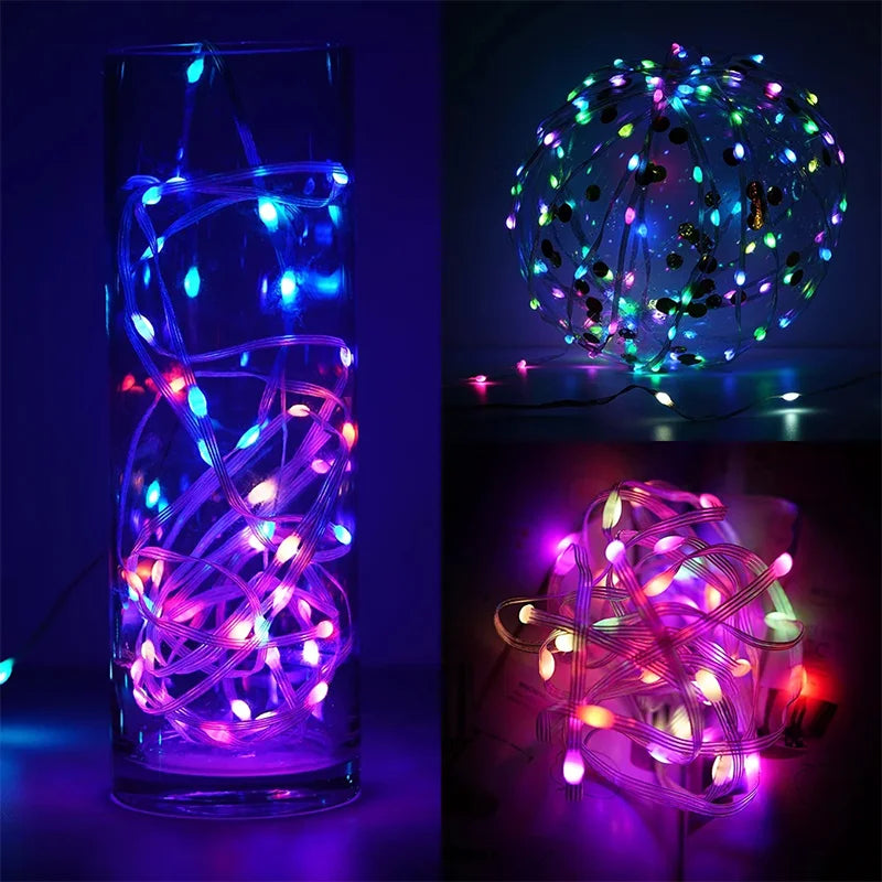 Guirlande Lumineuse LED RGBIC 5/10/20m avec Télécommande, synchronisation des couleurs avec la musique, Décoration de Noël, Chambre et Jardin, DC 5V