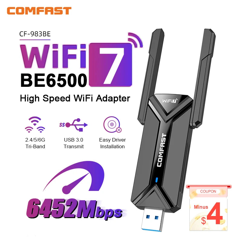 Adaptateur WiFi7 USB BE6500 COMFAST, carte WiFi 5G 6G USB3.0 carte réseau sans fil USB wifi 7 Adaptador AX5400 wifi6 antenne PC portable