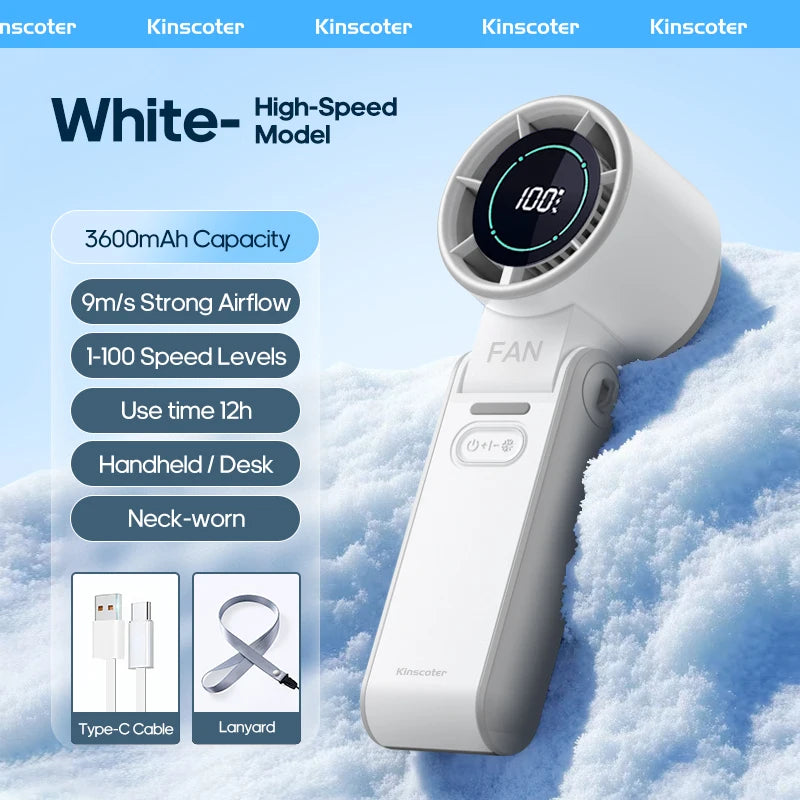 Mini ventilateur portable pliable d'extérieur KINSCOTER, rechargeable, 3600 mAh, contrôle libre sur 100 niveaux, turbo haute vitesse