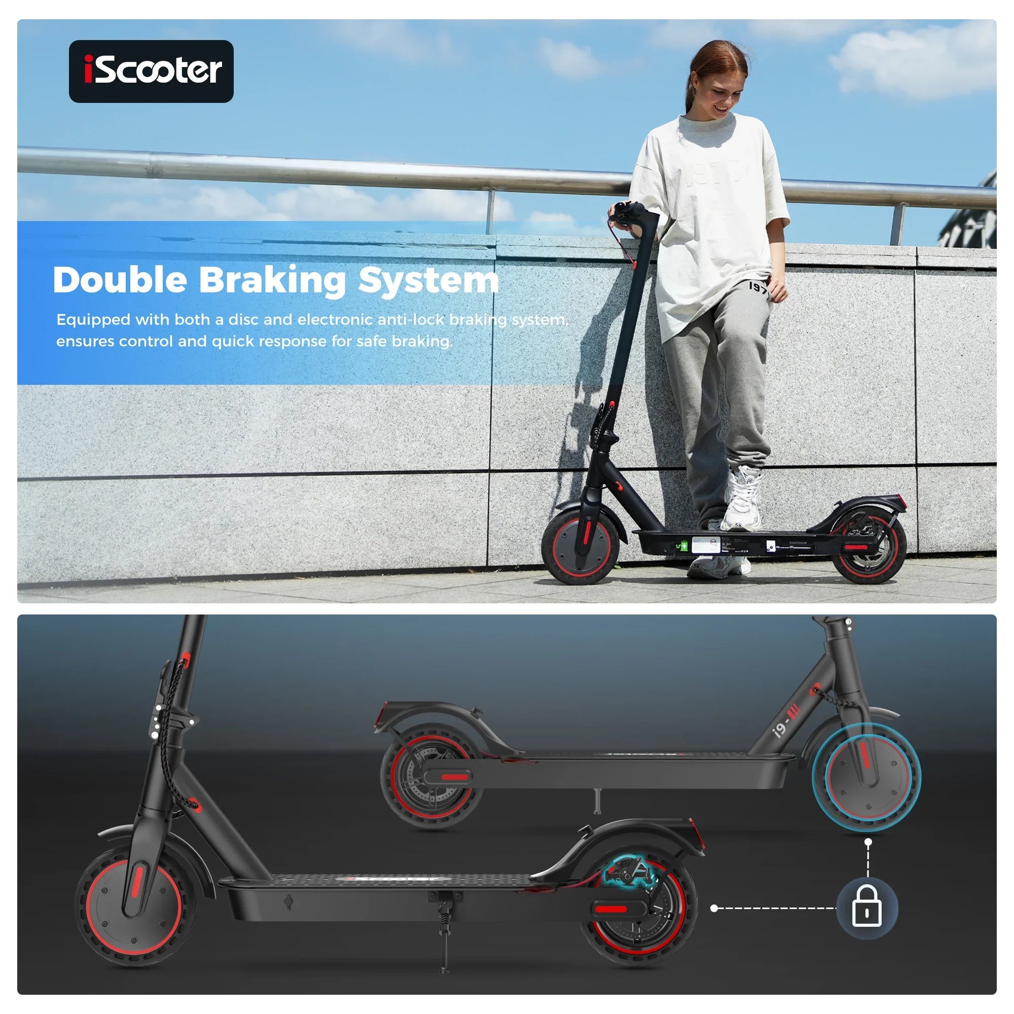 Trottinette électrique iScooter, Scooter i9 Scooter électrique 350W Scooter pour adultes 7.5Ah 30 km/h pliable E scooter pneu court 8.5 pouces nid d'abeille