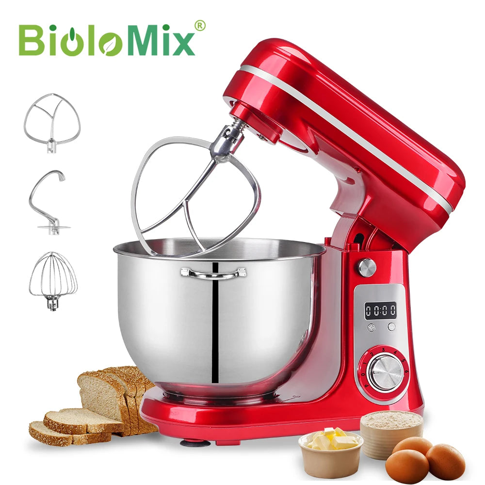 Robot de cuisine électrique BioloMix, 6L sur socle mélangeur 1200W moteur silencieux bol en acier inoxydable 6 vitesses, Crochet à pétrir, Batteur plat, bol mélangeur, Fouet filaire