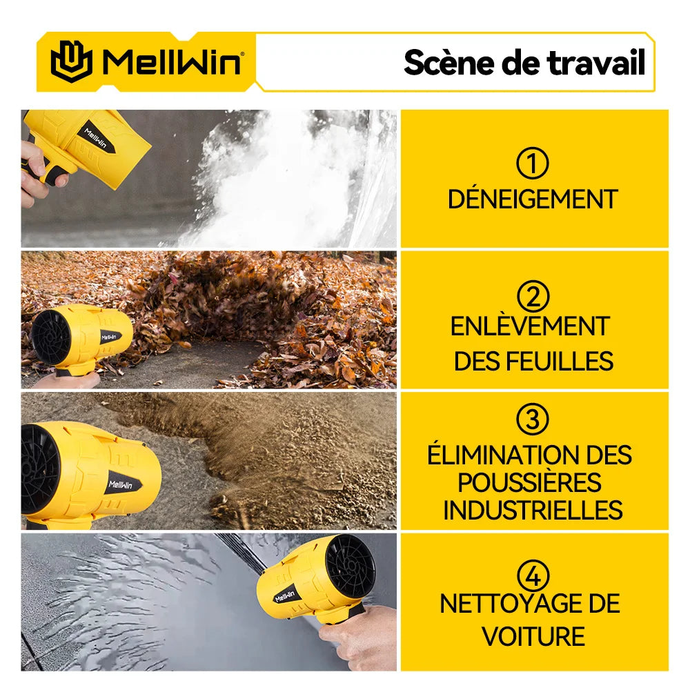 Souffleur turbo électrique sans balais MELLWIN – 350 m/s, 3 500 W, souffleur de feuilles portable sans fil pour broches de batterie 18 V