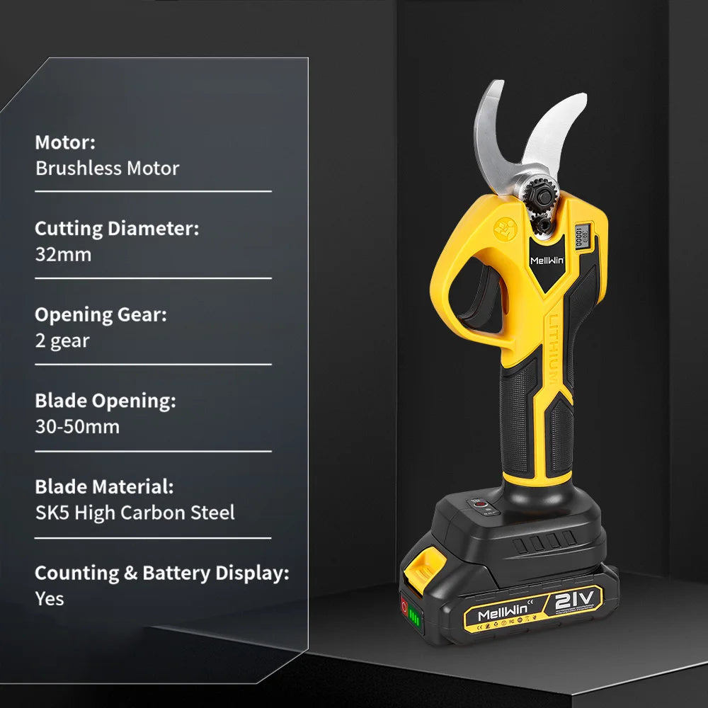 Sécateur électrique sans fil 32 mm MELLWIN – sans balais, cisaille pour arbres fruitiers et bonsaï, ciseaux d’élagage, compatible Makita 18 V / 21 V
