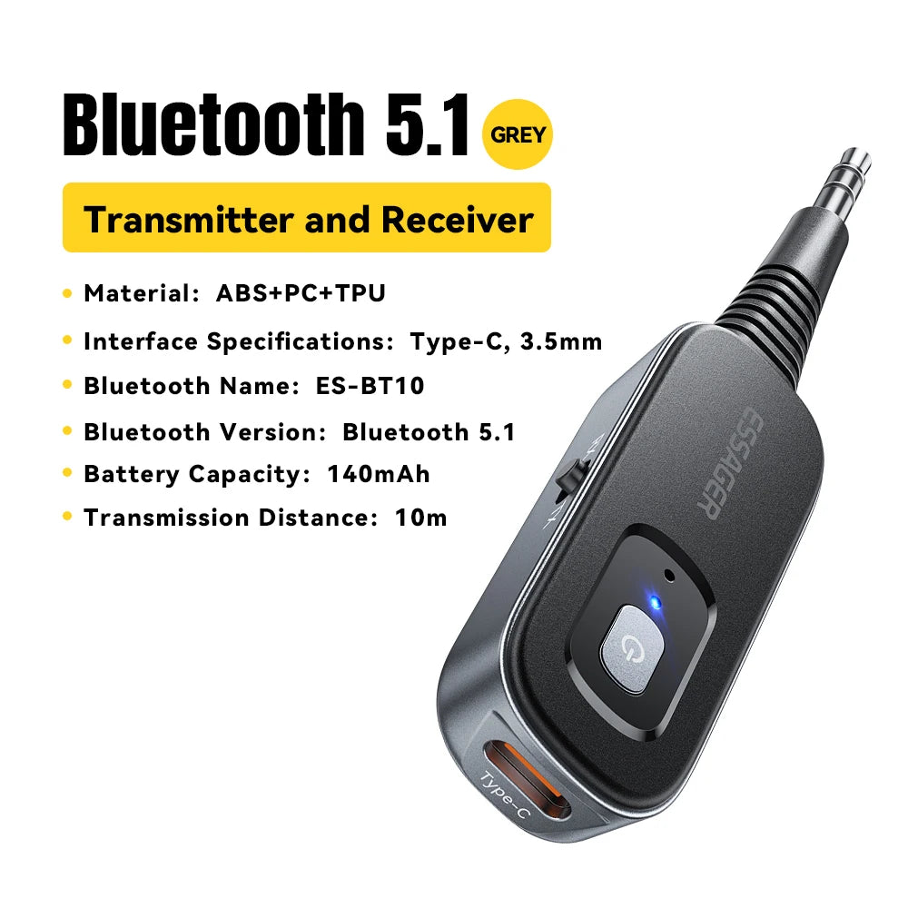 Essager Bluetooth 5.1 Audio-Sender und Empfänger, 3,5 mm, 3,5 AUX mit Mikrofon, kabelloser Adapter für Stereo-Musik, PC, TV, Autolautsprecher