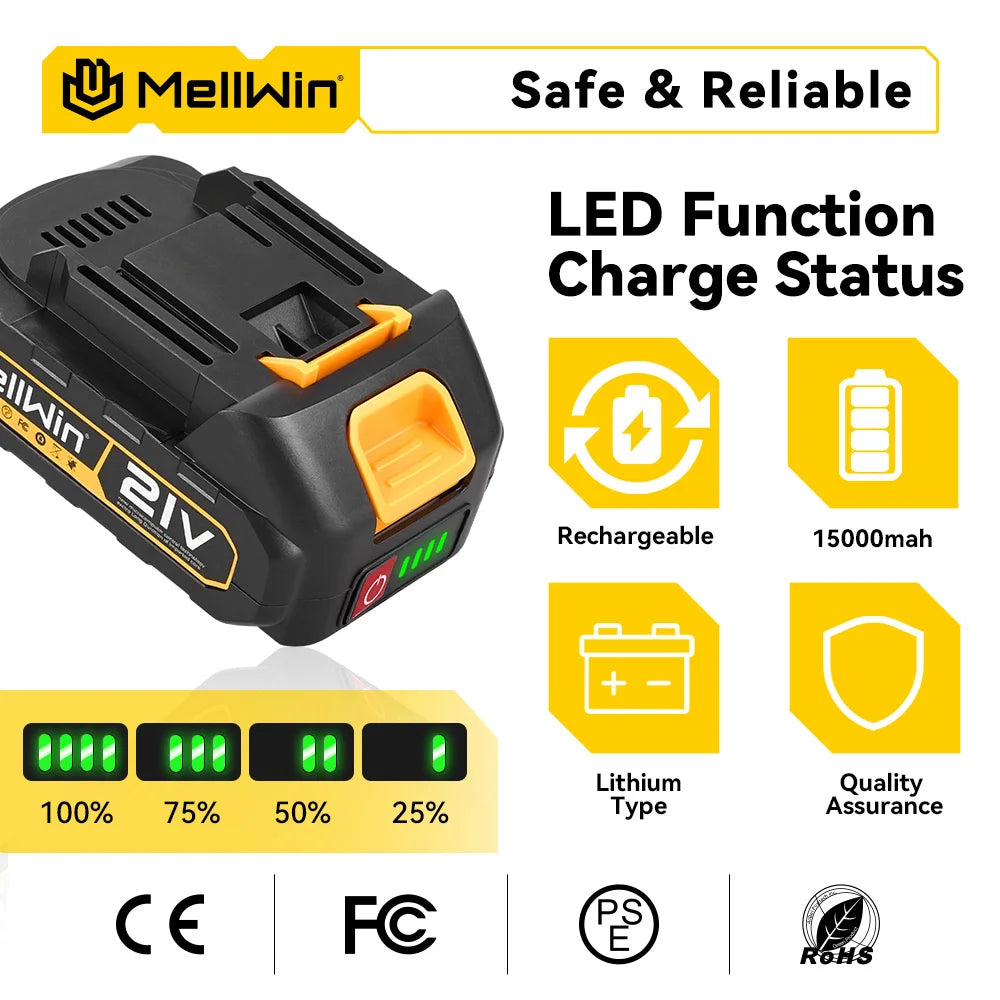Batterie rechargeable MELLWIN 7 500 mAh – batterie au lithium avec indicateur LED pour outils électriques, compatible broches de batterie 18–21 V