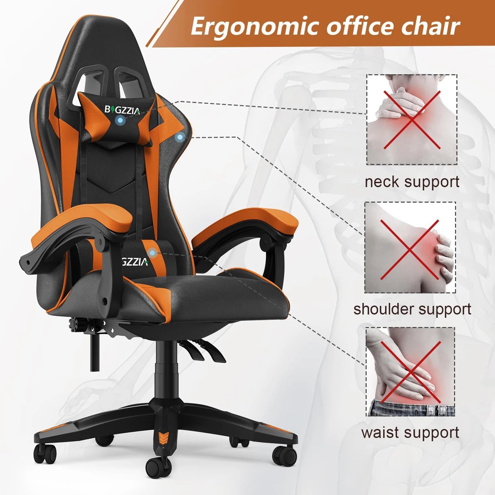 Fauteuil de jeu, chaise de bureau ergonomique en cuir PU, chaise de bureau d'ordinateur avec appui-tête et support lombaire