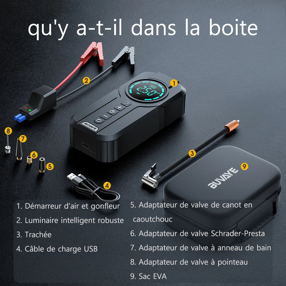 Démarreur de voiture, pompe à Air, lumière LED, compresseur d'air Portable, gonfleur de pneus multifonction, démarreur de batterie Portable automatique avec sac EVA (Ethylene Vinyl Acetate