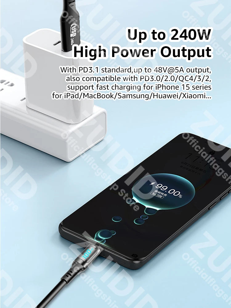 Câble PD240W USB C vers USB C pour iPhone 15 Pro 5A, charge rapide, cordon de données pour affichage numérique de Type C, pour MacBook Pro Xiaomi Samsung