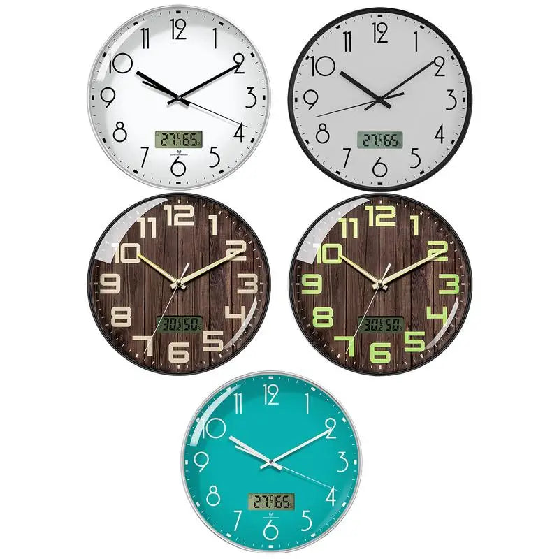 Horloge murale argentée à piles avec écran LCD, sans tic-tac, cuisine, température et humidité, 12"