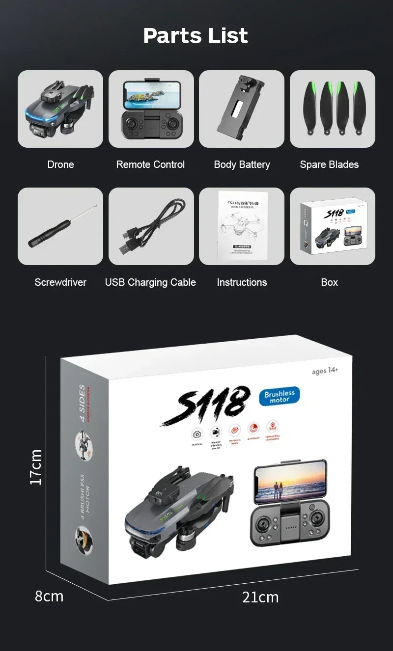 Drone RC Pliable S118 — Caméra jusqu'à 8K, Évitement d'Obstacles 360°, Moteur Brushless