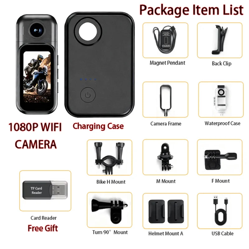 Mini Caméra d’Action 1080P JETO JT-91 – WiFi, Écran Tactile 1,47", Objectif Rotatif 180°, Boîtier de Charge Magnétique