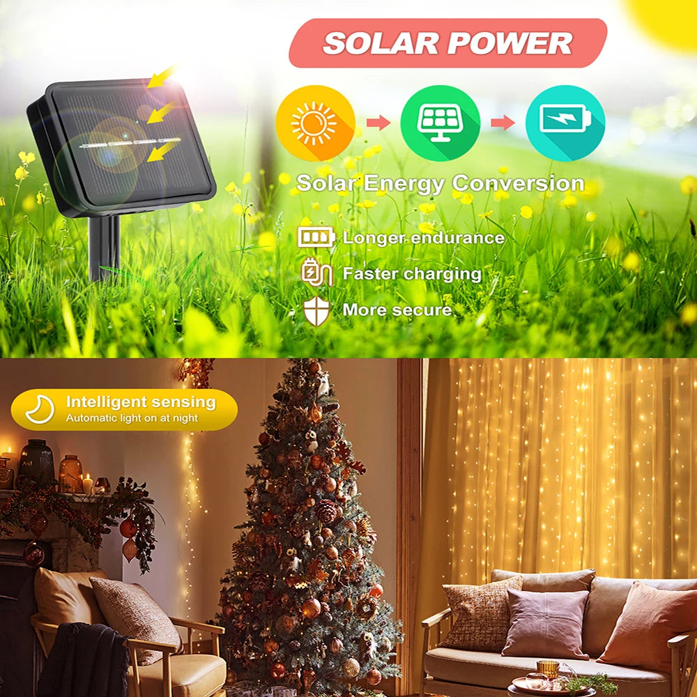 Rideau lumineux solaire d'extérieur 300 LED étanche pour jardin, cour, pavillon, guirlande lumineuse féerique, décoration