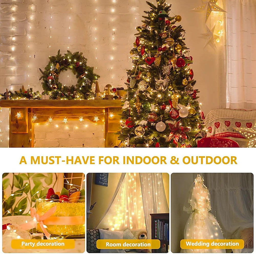 Rideau lumineux solaire d'extérieur 300 LED étanche pour jardin, cour, pavillon, guirlande lumineuse féerique, décoration