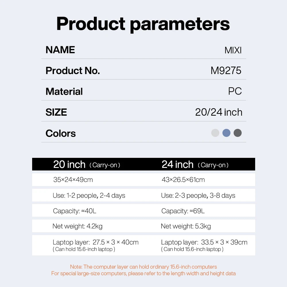 Valise Mixi 20 pouces – Bagage à main cabine, coque rigide PC, cadre aluminium, poignée large, design unisexe