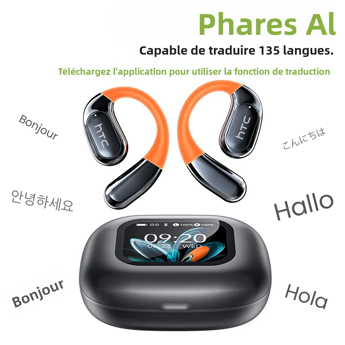Écouteurs Bluetooth HTC NE27, traducteur IA, casque de sport OWS, écran LCD, casque sans fil, crochet d'oreille lumineux, longue durée de vie