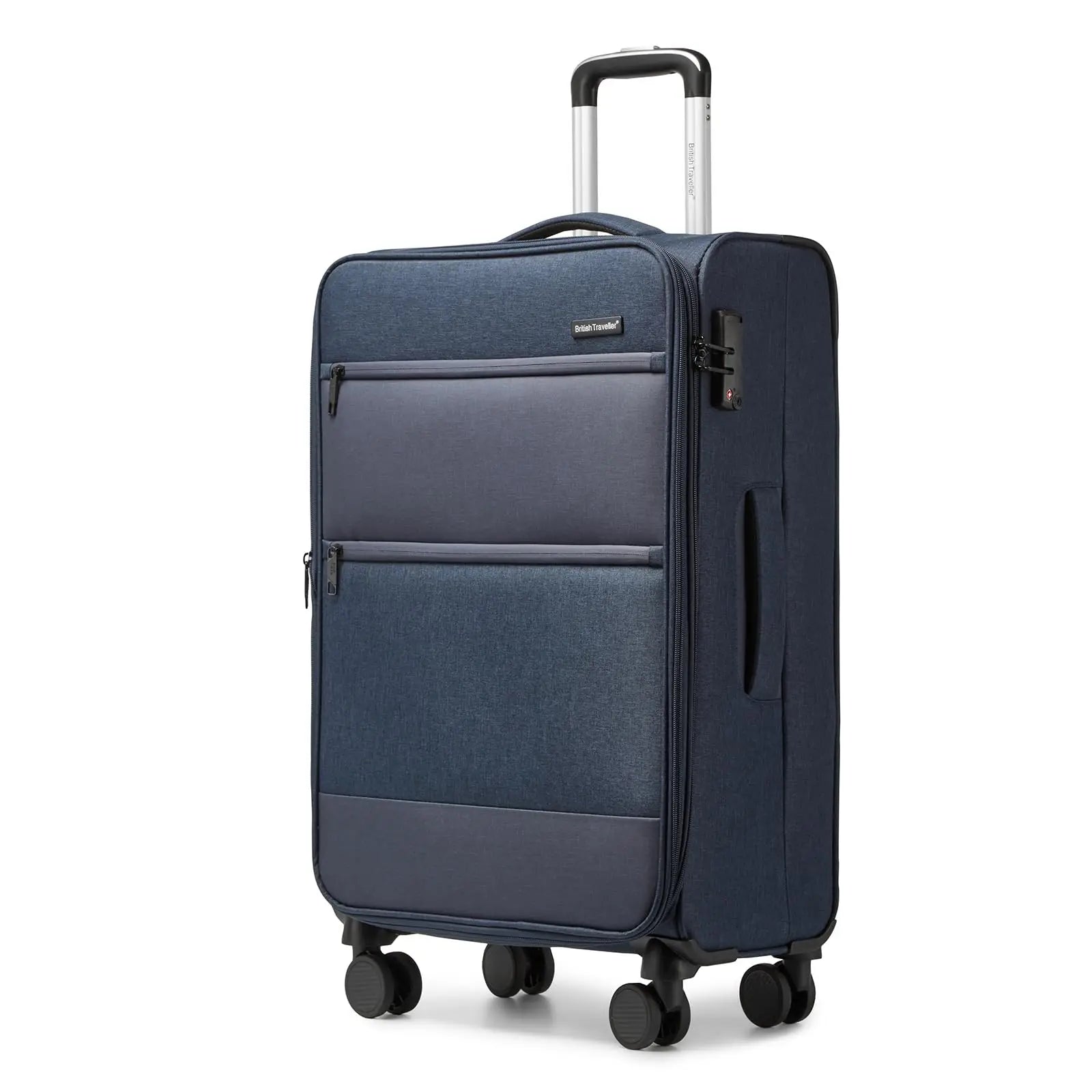 British Traveller – Valise souple légère à 4 roues avec serrure TSA, taille M, bleu