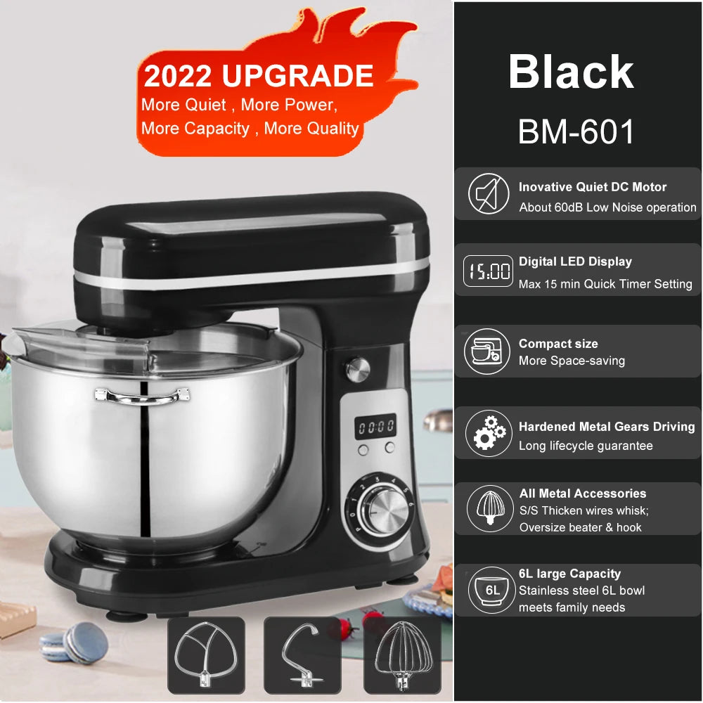 Robot de cuisine électrique BioloMix, 6L sur socle mélangeur 1200W moteur silencieux bol en acier inoxydable 6 vitesses, Crochet à pétrir, Batteur plat, bol mélangeur, Fouet filaire