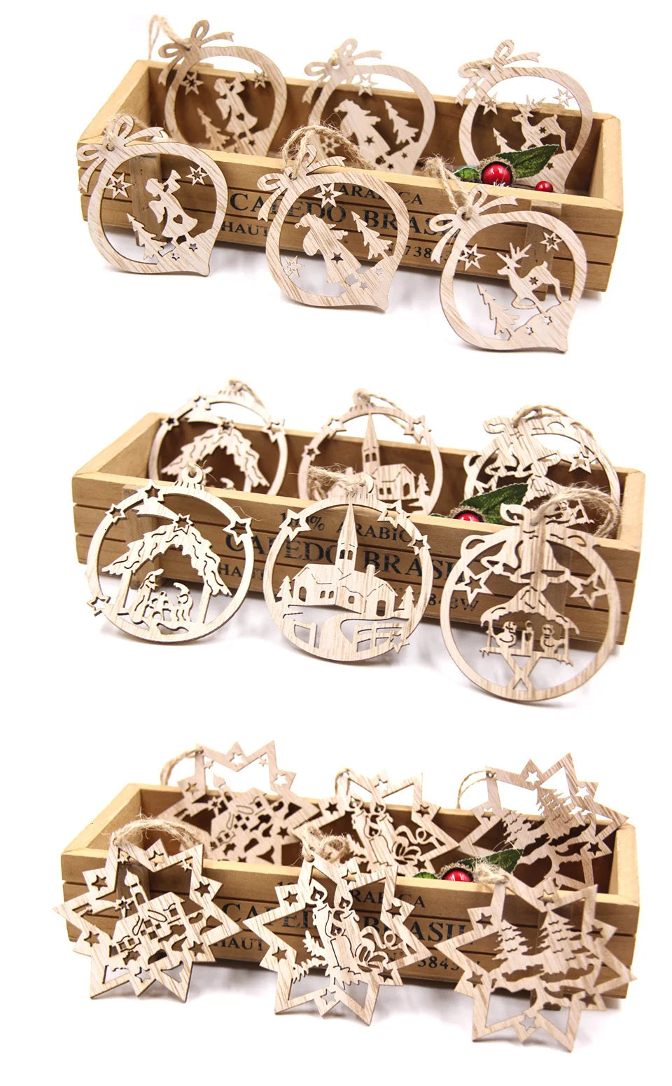 Flocon de neige creux en bois pour Noël, ornements de Noël vintage, décorations d'arbre de Noel, cadeaux, 12 pièces par boîte