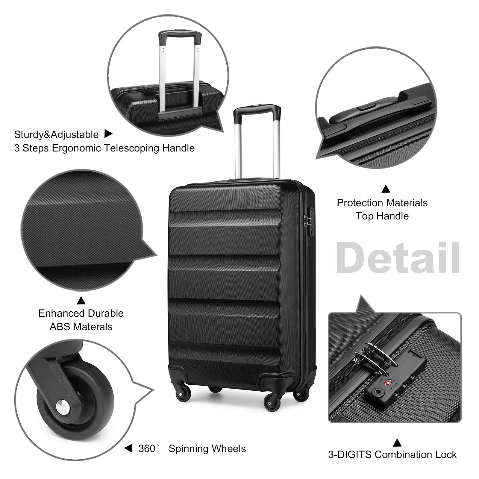 Hardshell Case avec 4 roulettes spinner et serrure à combinaison numérique KONO – 55/66/75 cm