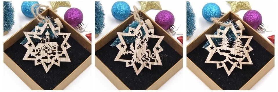 Flocon de neige creux en bois pour Noël, ornements de Noël vintage, décorations d'arbre de Noel, cadeaux, 12 pièces par boîte