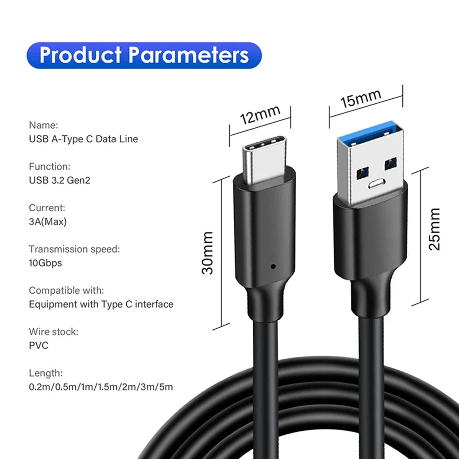Câble USB 3.2 10Gbps Type C USB A à type-c 3.2 Gen2 câble de transfert de données USB C SSD câble de disque dur 3A 60W QC 3.0 charge rapide