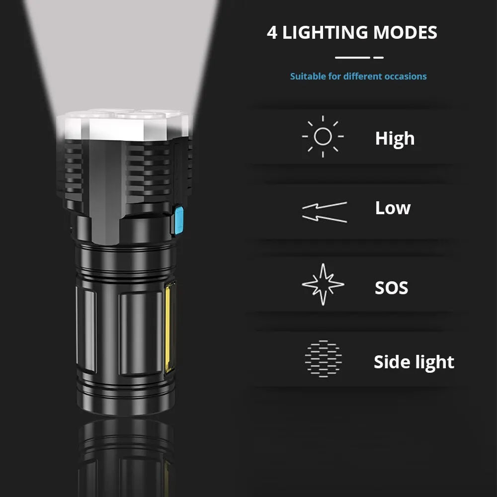 Lampes de poche LED haute puissance, torche de camping, lumière latérale COB, lanterne à main portable, 4 modes d'éclairage