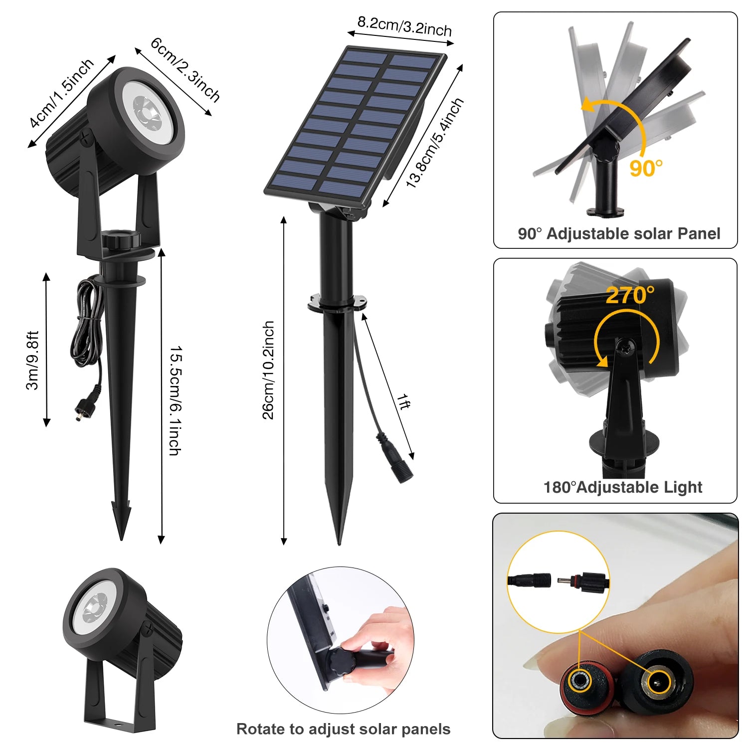 Outdoor IP65 LED Solar Spotlight – 150 to 800LM, 3M cable, 8-12h battery life, garden & driveway lighting