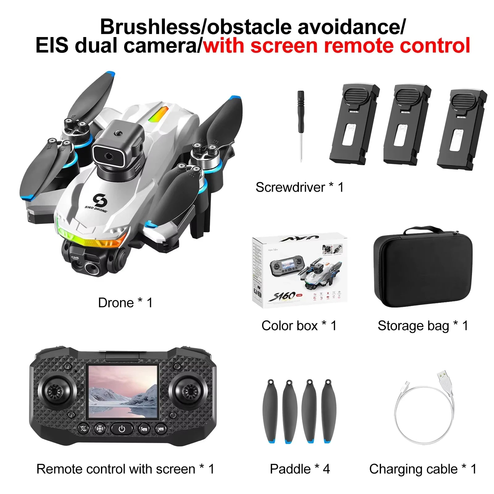 Drone S160 Pro 6K HD EIS – Drone FPV à double caméra avec écran RC, LED colorées, moteur sans balais