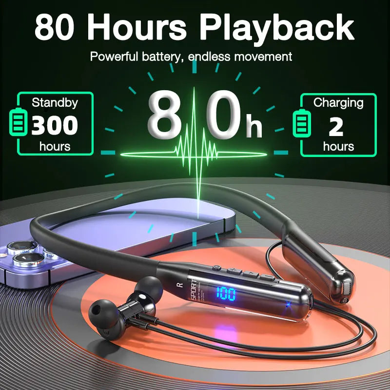 Casque Bluetooth avec Microphone EARDECO 80 heures d'endurance casque sans fil basse stéréo tour de cou écouteurs Bluetooth 5.3