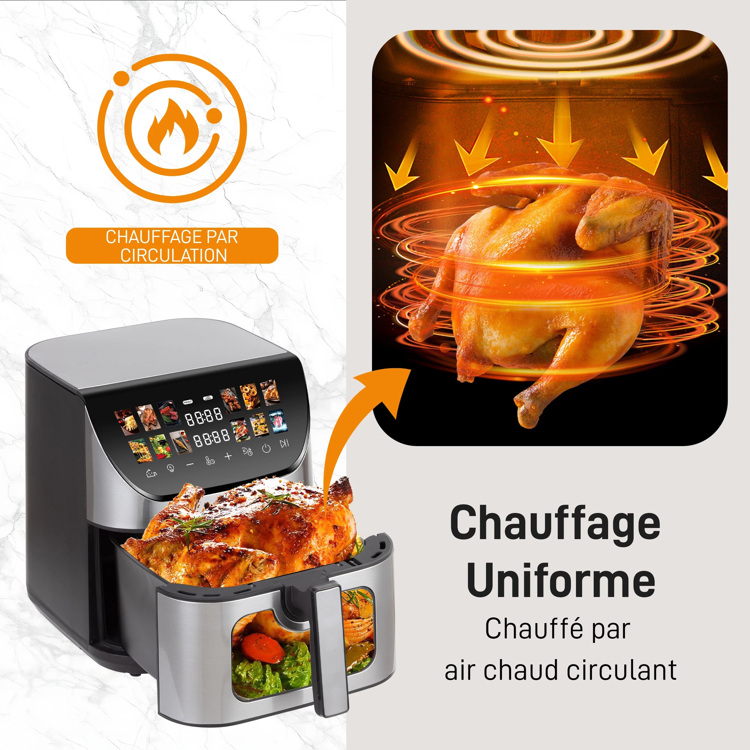 Friteuse à air multifonction 8.5L, machine intelligente avec fenêtre de visualisation, friteuse électrique sans huile avec commande tactile LED, four familial