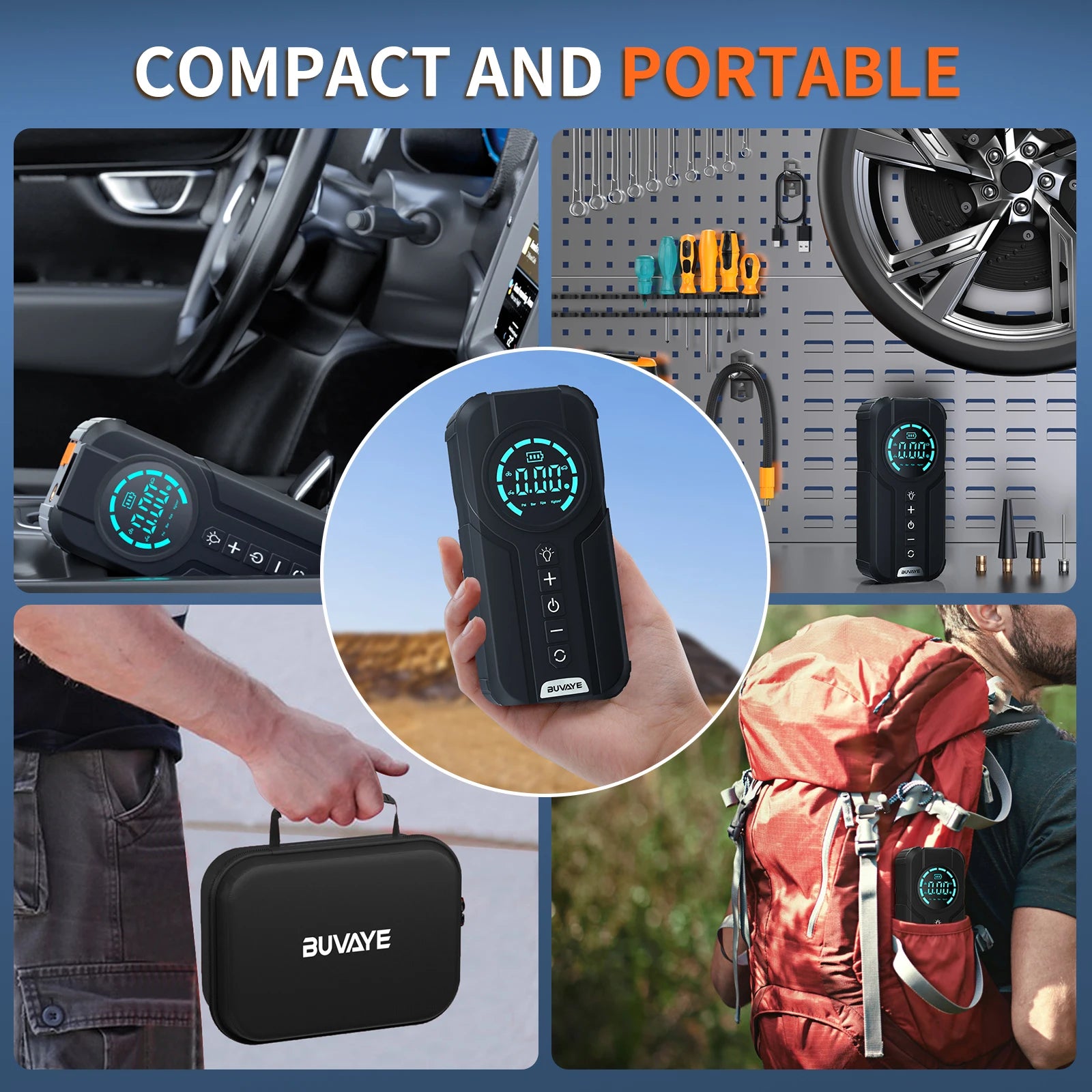 BUVAYE Car Jump Starter, Air Pump, LED Light, Portable Air Compressor, Multi-function Tire Inflator