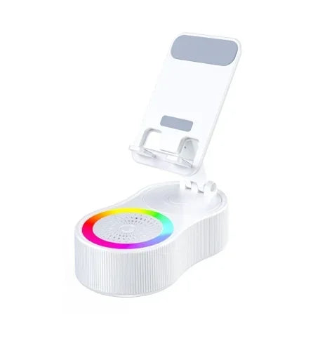 Haut-parleur sans fil avec lumière ambiante colorée 360° Support de téléphone pliable et rotatif et réglable, antidérapant, caisson de basses HDSurround 5.3
