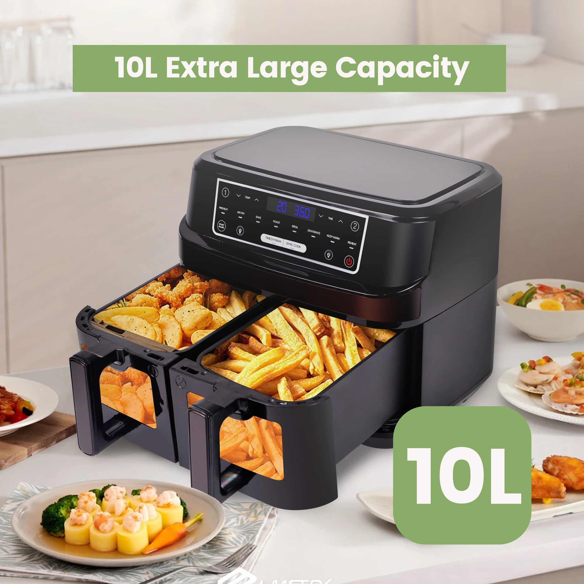 Air Fryer, Friteuse à air chaud 2 chambres avec fenêtre de visualisation, 10L Double tiroirs, Friteuse à air chaud avec écran tactile 8 programmes automatiques