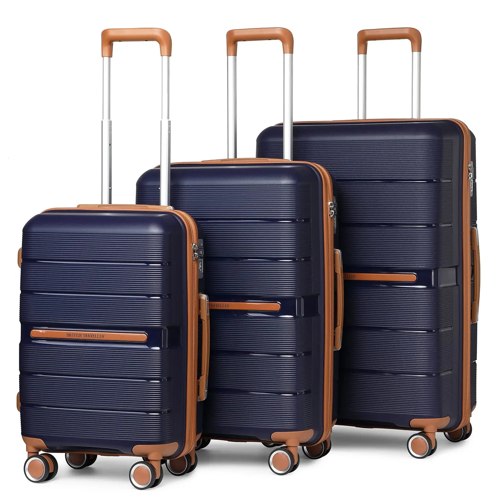 Ensemble de valises rigides 3 pièces 100 % PP British Traveller – 8 roues spinner, serrure TSA, bleu foncé