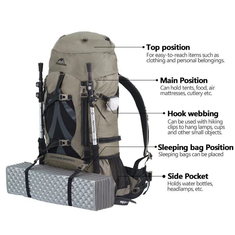 Sac à dos de camping ergonomique pour homme, grande capacité, sacs de randonnée avec housse de pluie, voyage en plein air, sacs à dos de trekking, 70L